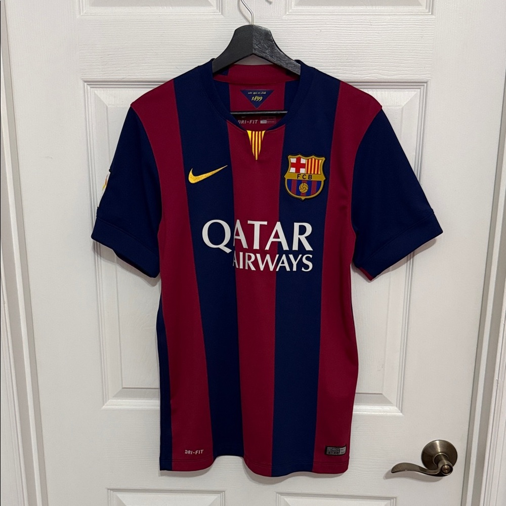 Nike men’s Barcelona Red and Blue Striped Soccer Jersey